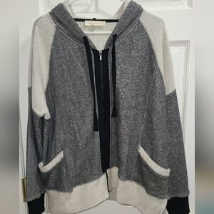 Lovestitch Gray and Cream Knit Hooded Zip-Up Sweater